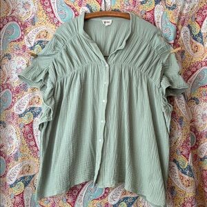 BiBi XL Sage Ruffle Short Sleeve Blouse Gauze Summer Boho Casual Coastal Cotton